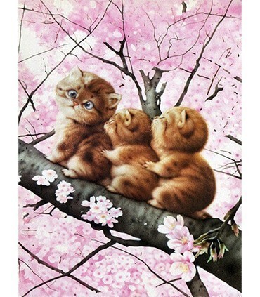 3 Chatons sur un arbre japonais Diamond Painting