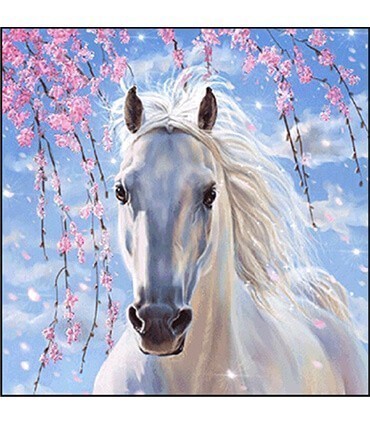 Portrait cheval blanc et cerisier rose Diamond Painting